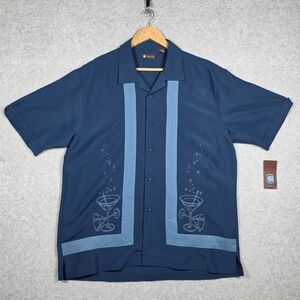 Centro Shirt Mens Size Large Insignia Blue Martini Embroidery Cuban Button Down